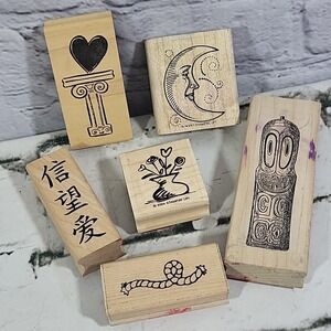 Rubber Stamps Lot Of 6 Assorted Heart Moon Tiki Tower Rope Chinese Characters